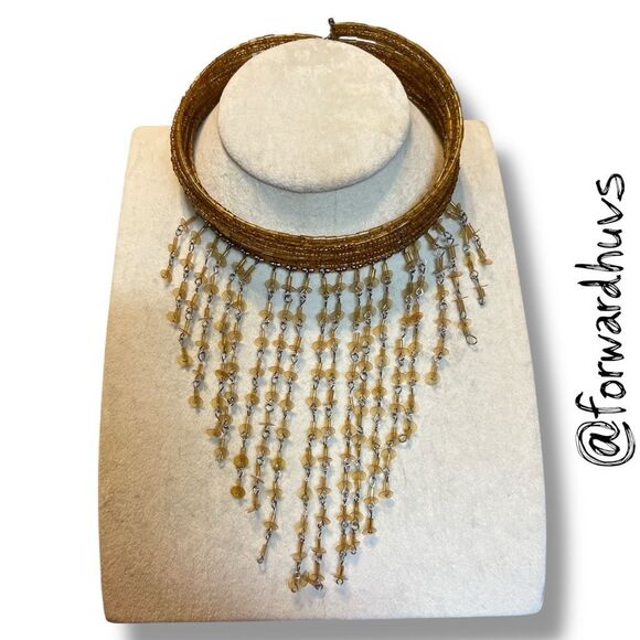 Statement Cuff Necklace & Bracelet Set – Gold Tone Beaded Fringe - Picture 3 of 11